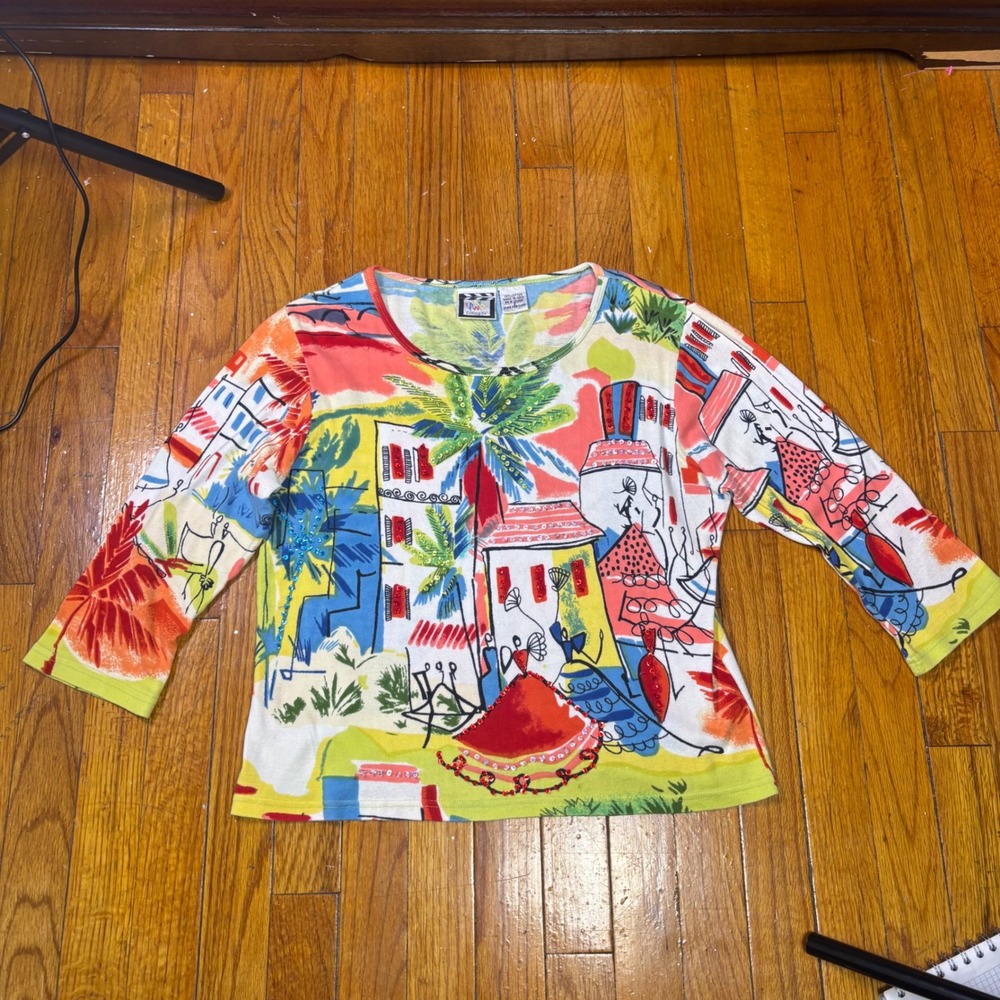 VTG Take two funky multicolor long sleeve beaded top size small 100%cotton bling